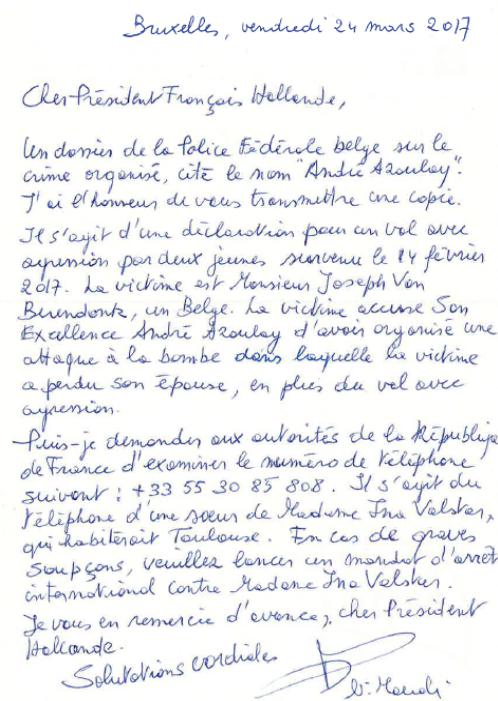Lettre pour François Hollande_Le nom Azoulay figure dans un rapport de crime organisé_14 mars 2017