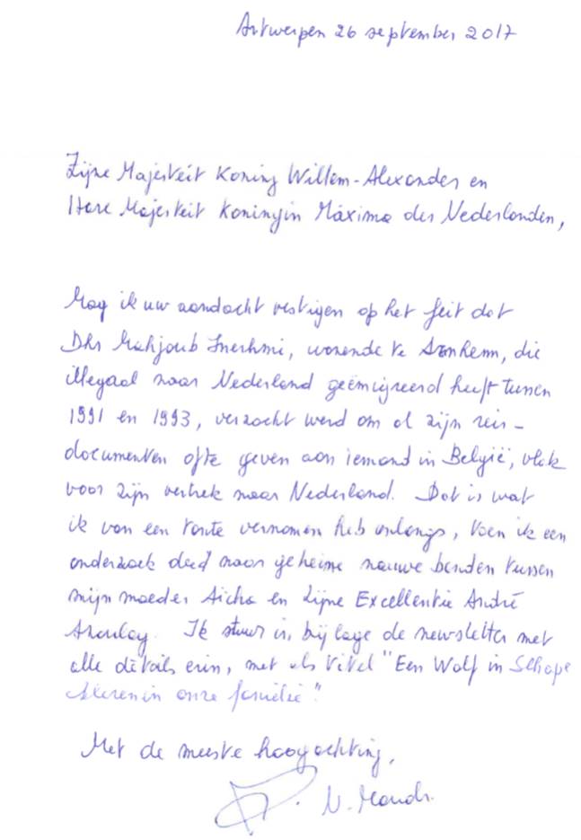 Brief naar Koning Willem Alexander over de papieren die Mahjoub heeft afgegeven